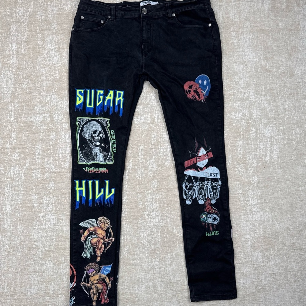 SUGARHILL Men's Black Graphic Jeans